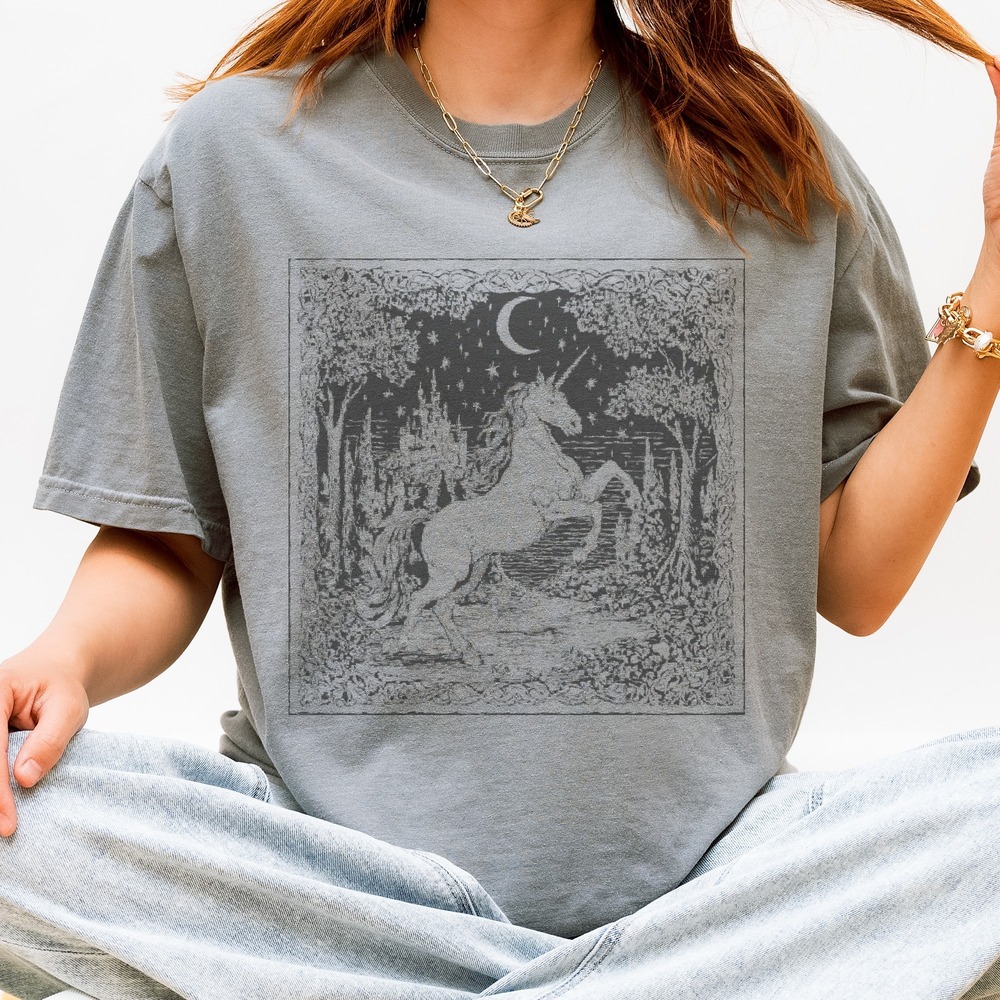 Enchanted Unicorn Forest Graphic Tee Magical Nighttime Scene